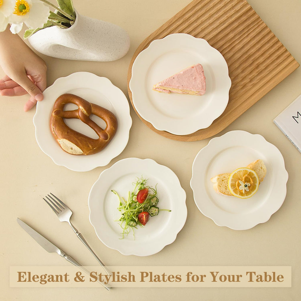 7.5” White Porcelain Small Dinner Plates Leave Wave Rim Set of 12