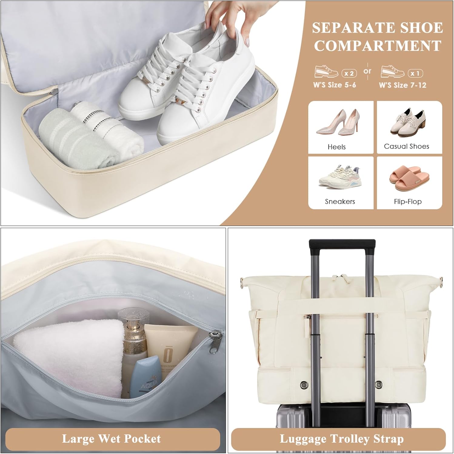 Gym Bag for Women, Personal Item Travel Bag with Shoes Compartment, Weekender Overnight Duffel Bag with Wet Pocket