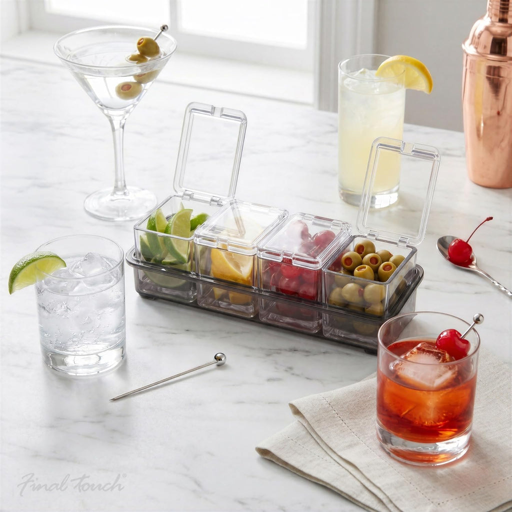 Cocktail Garnish Bar Tray for Bartenders, 4 Containers with Lid