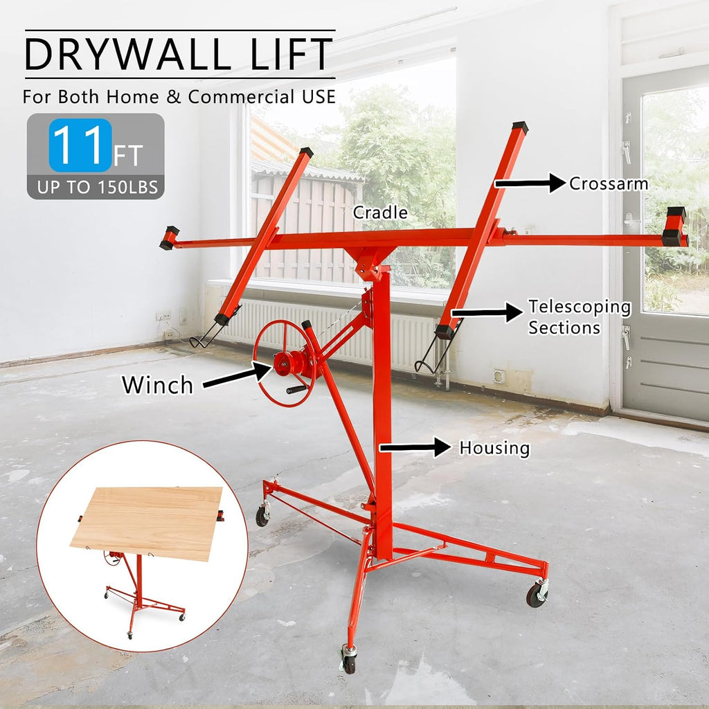 11FT Drywall Lift Panel Hoist Dry Wall Rolling Caster Lifter Lifter Construction Tool Adjustable Telescopic Arm 150LB
