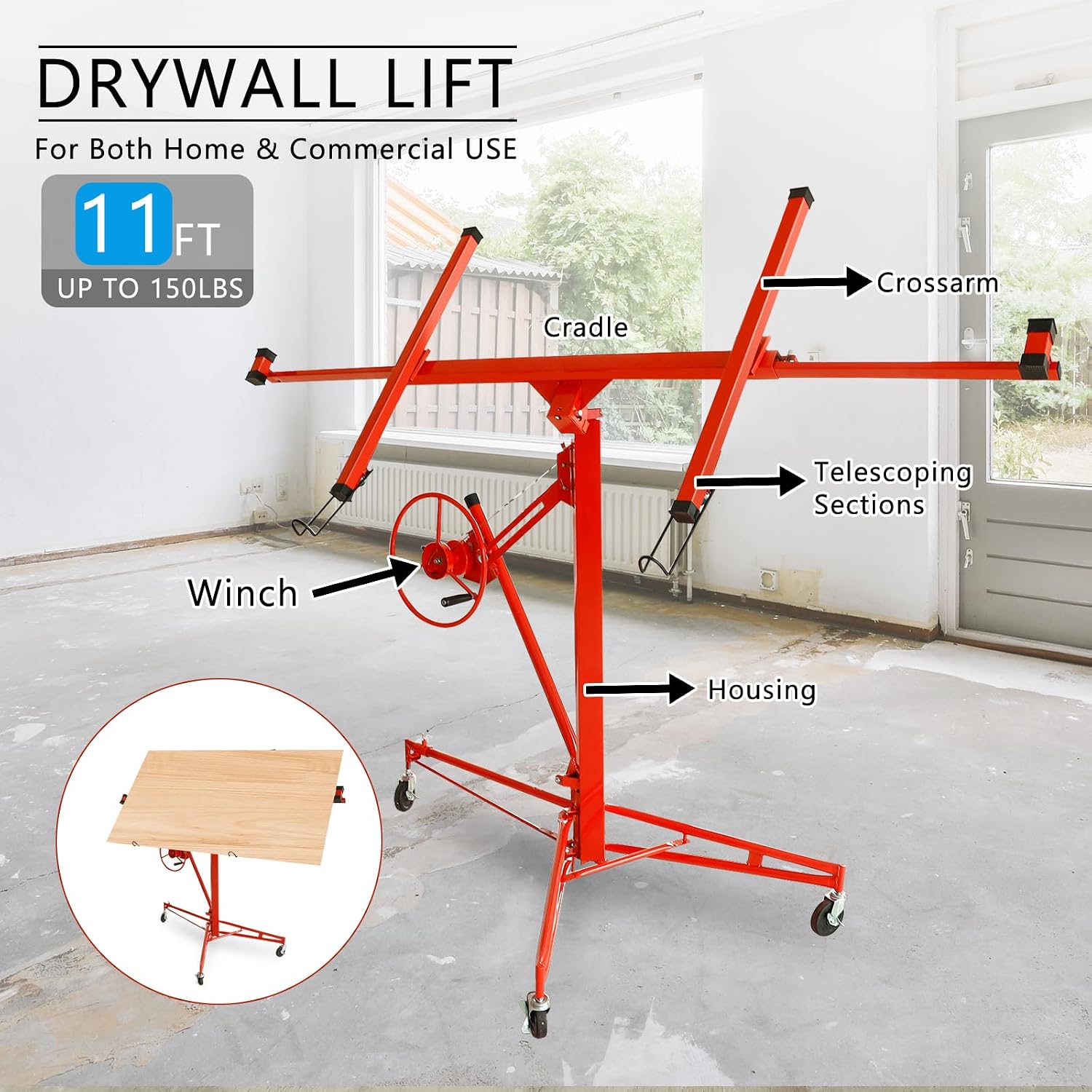 11FT Drywall Lift Panel Hoist Dry Wall Rolling Caster Lifter Lifter Construction Tool Adjustable Telescopic Arm 150LB