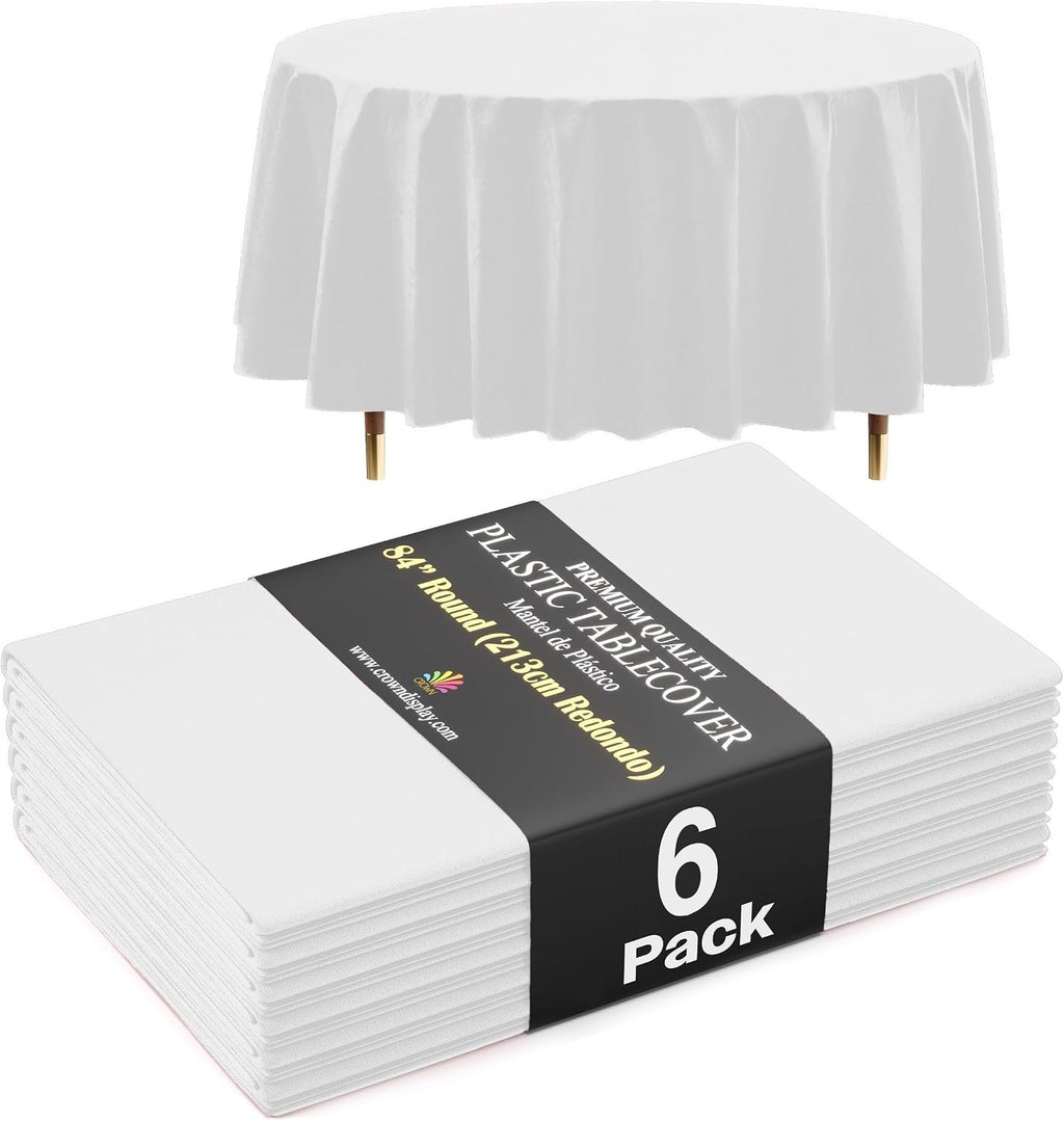 66% Thicker Premium White Round Tablecloth 0.5 Mil 6 Pack Plastic Table Cloth Disposable 84 Inch Round Plastic