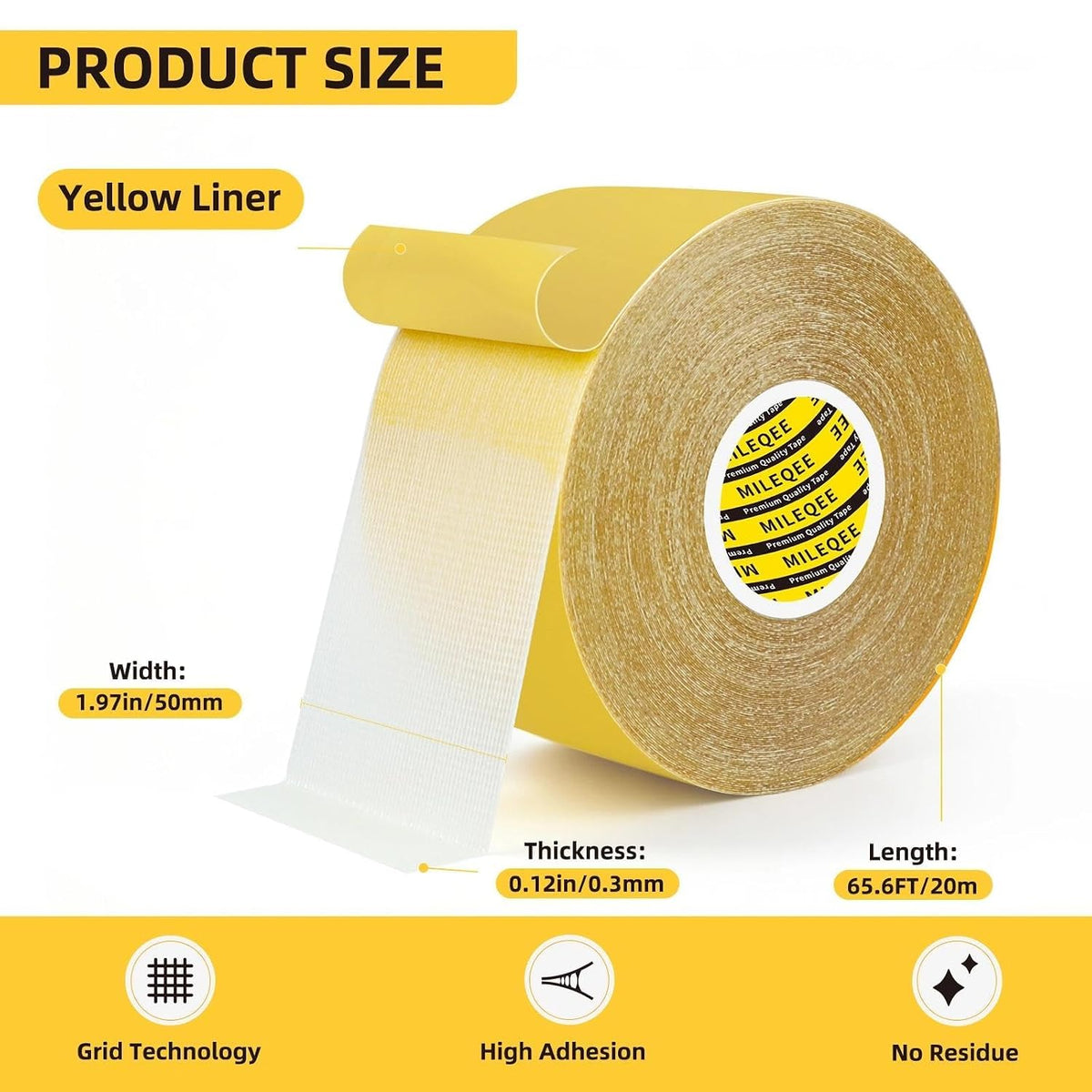 High Tack Double Sided Tape Heavy Duty Grid Mesh Stick,1Pack x 2" x 66FT