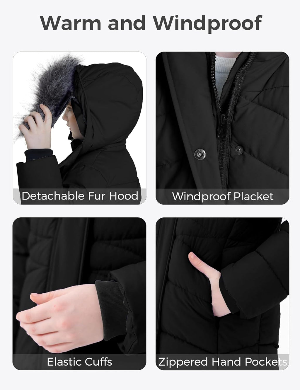 Girls Winter Coats Long Puffer Jackets Fleece Lined Removable Hood | Detachable Faux Fur, 5000mm Waterproof, Zippered
