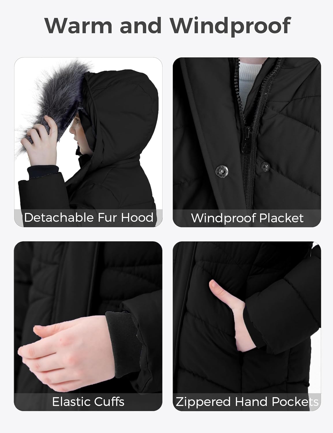 Girls Winter Coats Long Puffer Jackets Fleece Lined Removable Hood | Detachable Faux Fur, 5000mm Waterproof, Zippered