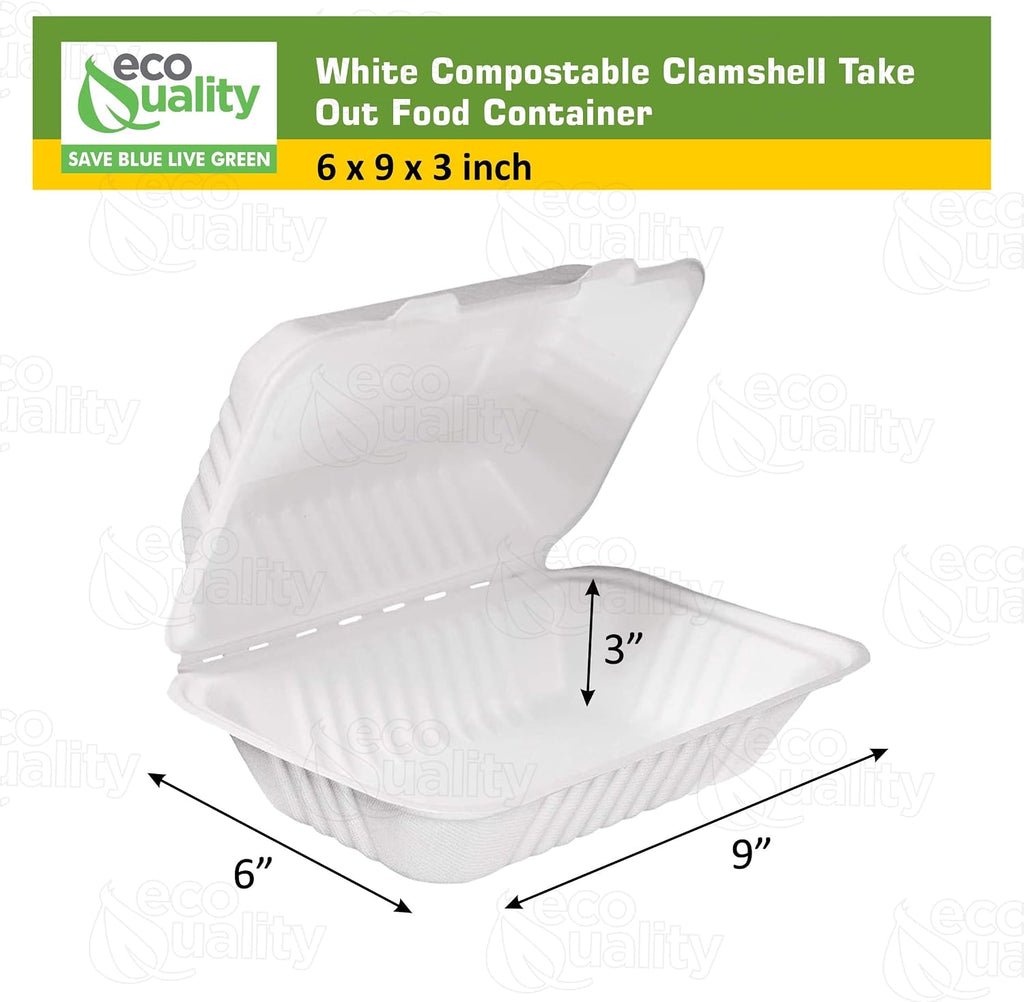 [10 PACK] EcoQuality White 6 x 9 x 3 in. Compostable Clam Shell Hinged Take Out Food Container - Sugarcane Bagasse