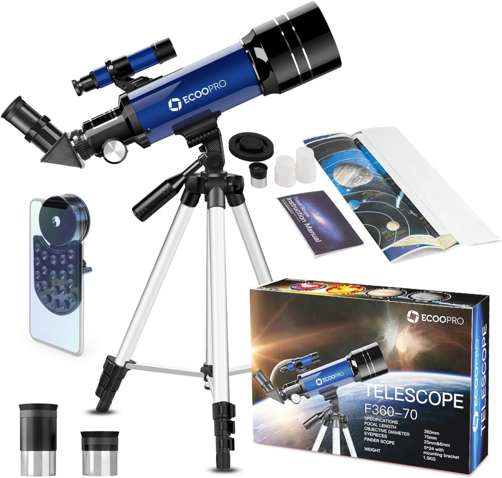 Telescope for Kids & Adults, 70mm Aperture 360mm Refractor (15X-150X) | Portable Telescope with Adapter, 2 Eyepieces