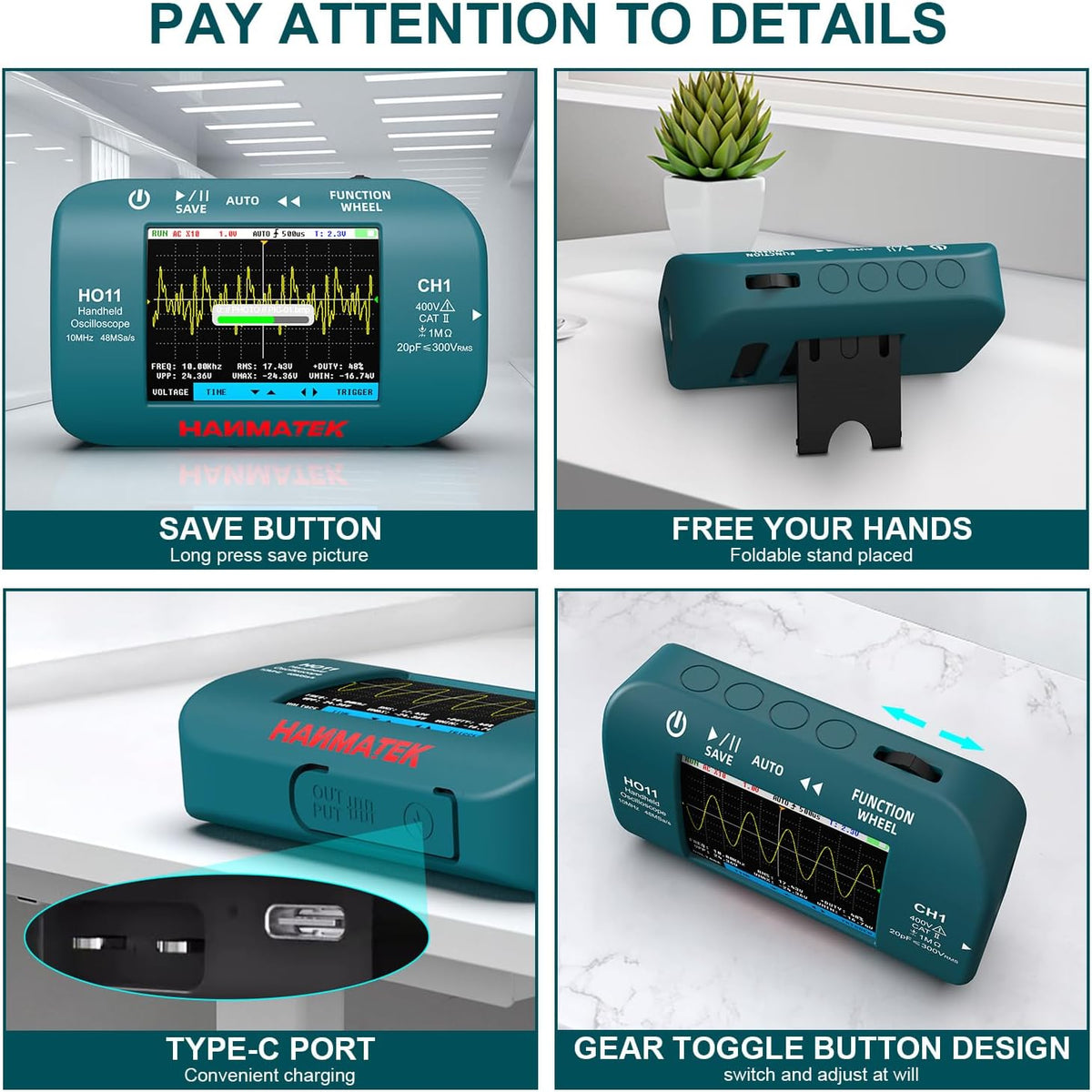 HANMATEK HO11 Handheld Digital Oscilloscope - 10MHz Bandwidth, 48MSa/s High-Precision Sampling, 2.8" TFT Display, USB Rechargeable, Advanced Trigger System, Portable for Fieldwork
