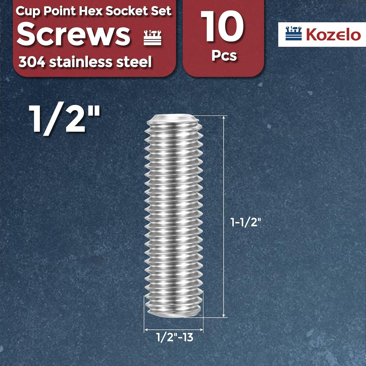 10pcs Cup Point Hex Socket Set Screws-1/2-13x1-1/2 304 SS