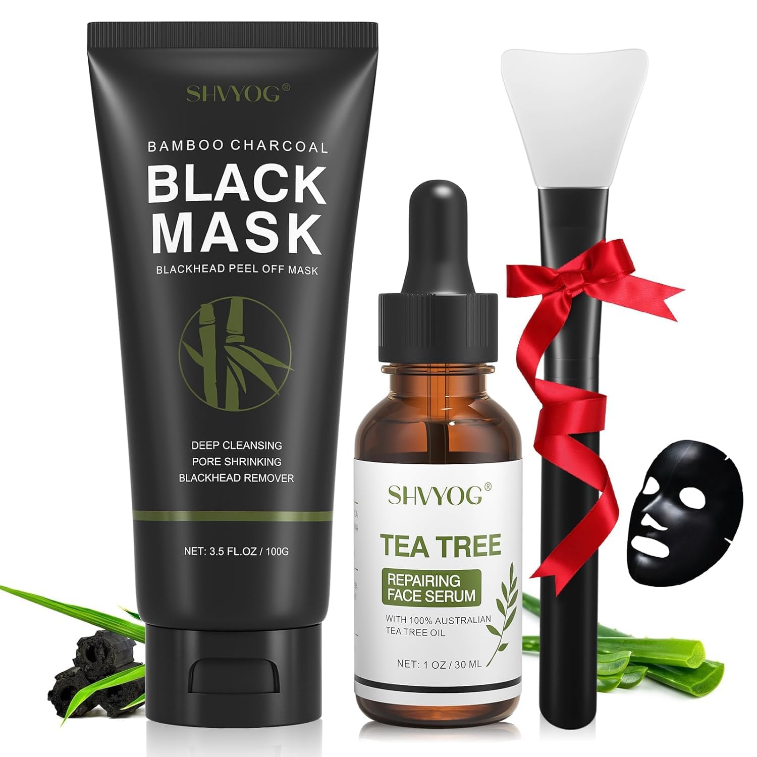 Blackhead Peel Off Face Mask, SHVYOG 3-in-1 Blackhead Remover Mask with Brush & Tea Tree Oil Serum, Charcoal Face