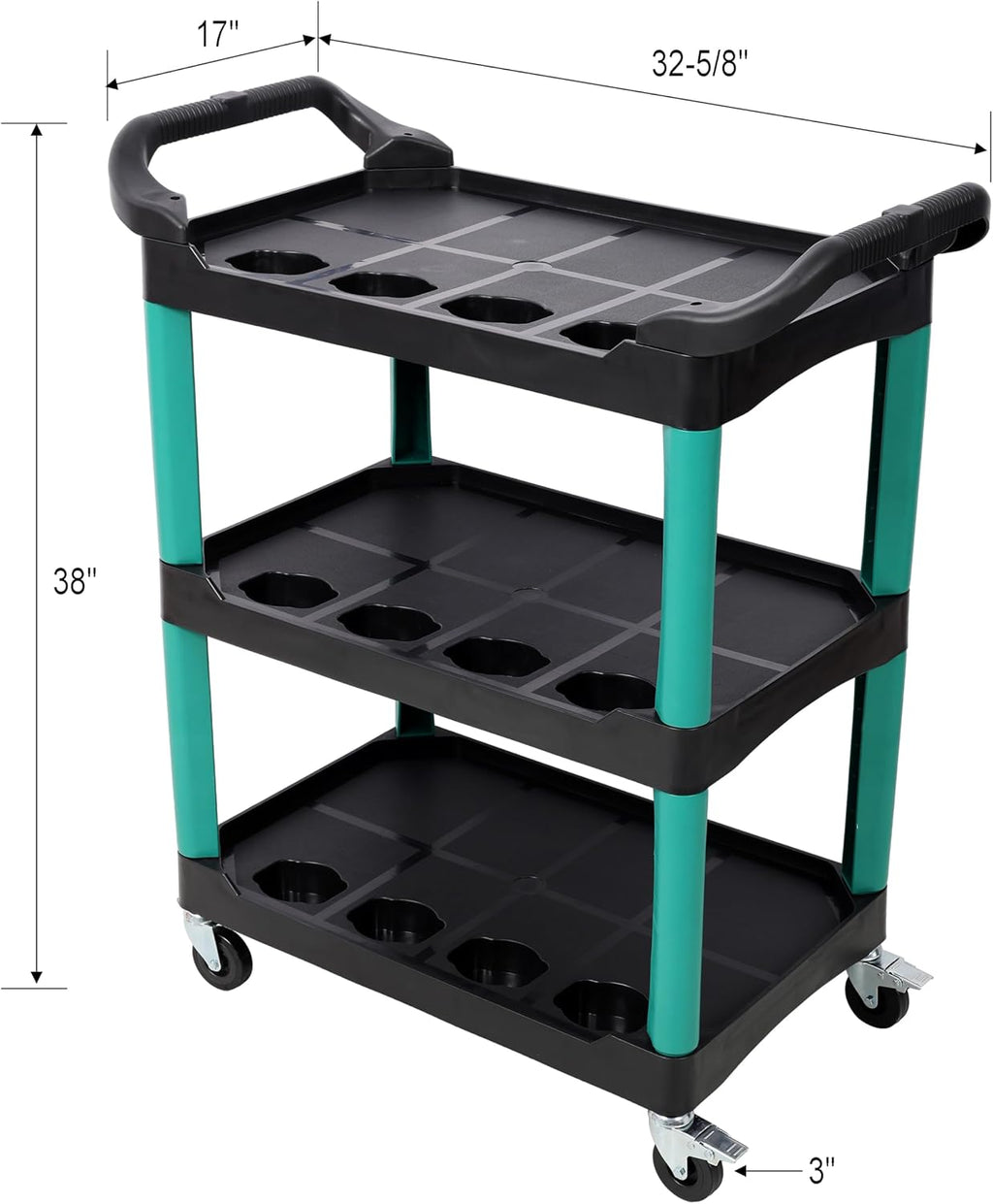 3-Tier Rolling Utility Cart with Pegboard & Hooks, Heavy-Duty Mobile Tool Storage Organizer with 12 Bottle Holders