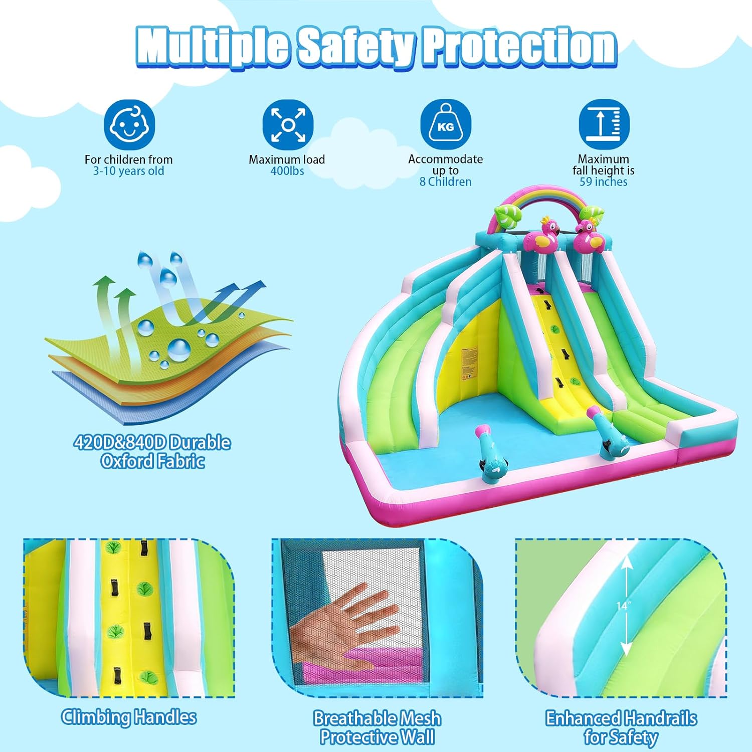 Inflatable Water Slide, 6 in 1 Blow Up Water Park Aged 3-10, Flamingo Style Water Bounce House with Double Long