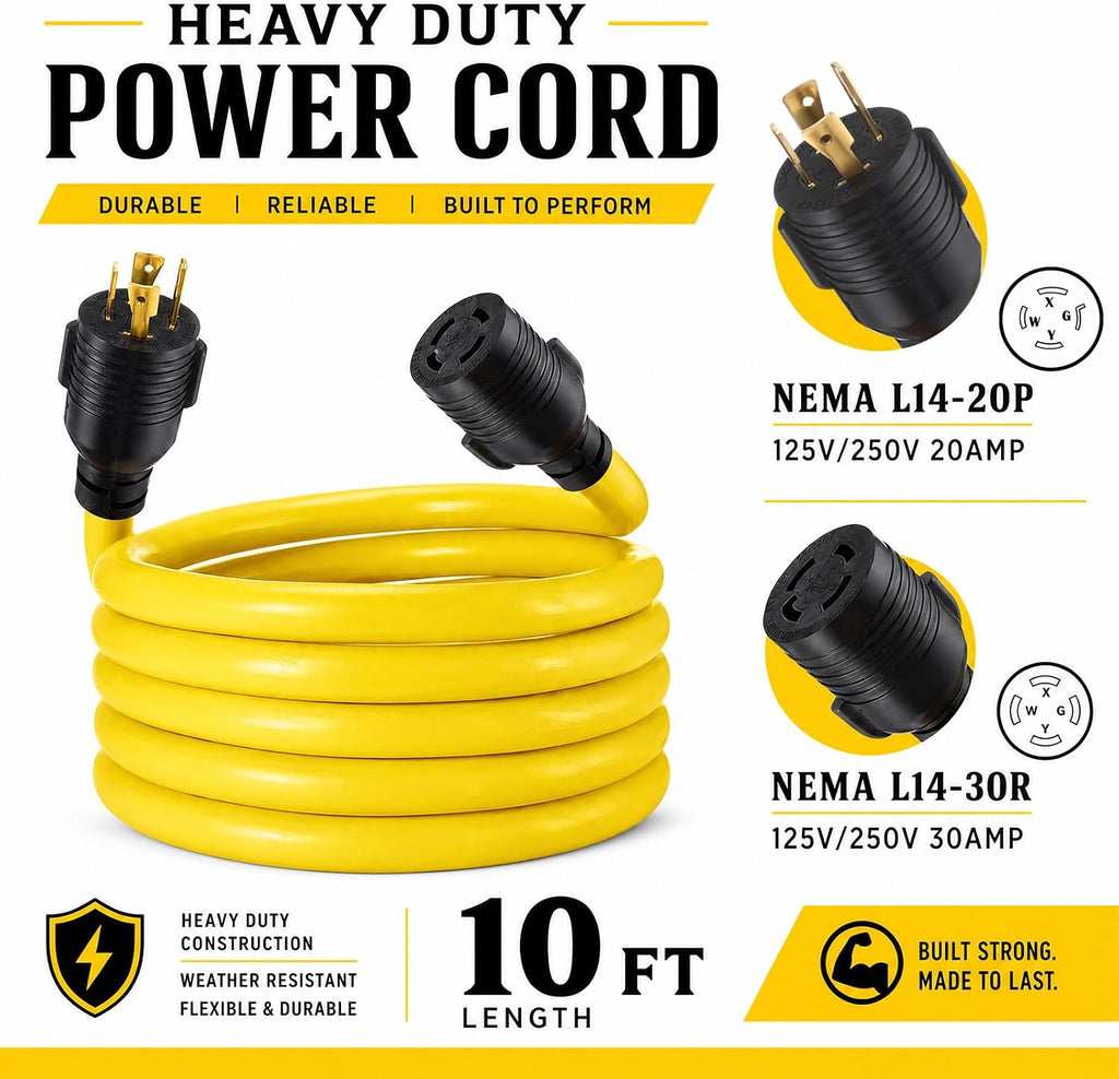 6.6 ft 20 Amp to 30 Amp Generator Adapter Cord NEMA L14-20P Male to L14-30R Female, Heavy Duty 10awg STW 4-Wire Power