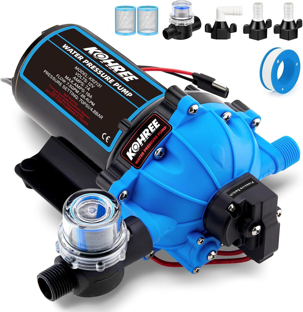 Kohree 12V RV Water Pump 7.5GPM 70PSI Self-Priming 5-Chamber Diaphragm Pump