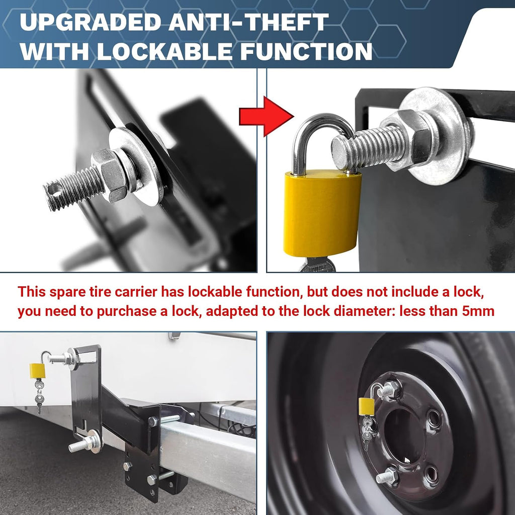 Lockable Spare Tire Carrier Bracket for Utility Trailer, Powder Coat Steel Boat Trailer Tire Mount Fits Most Lugs