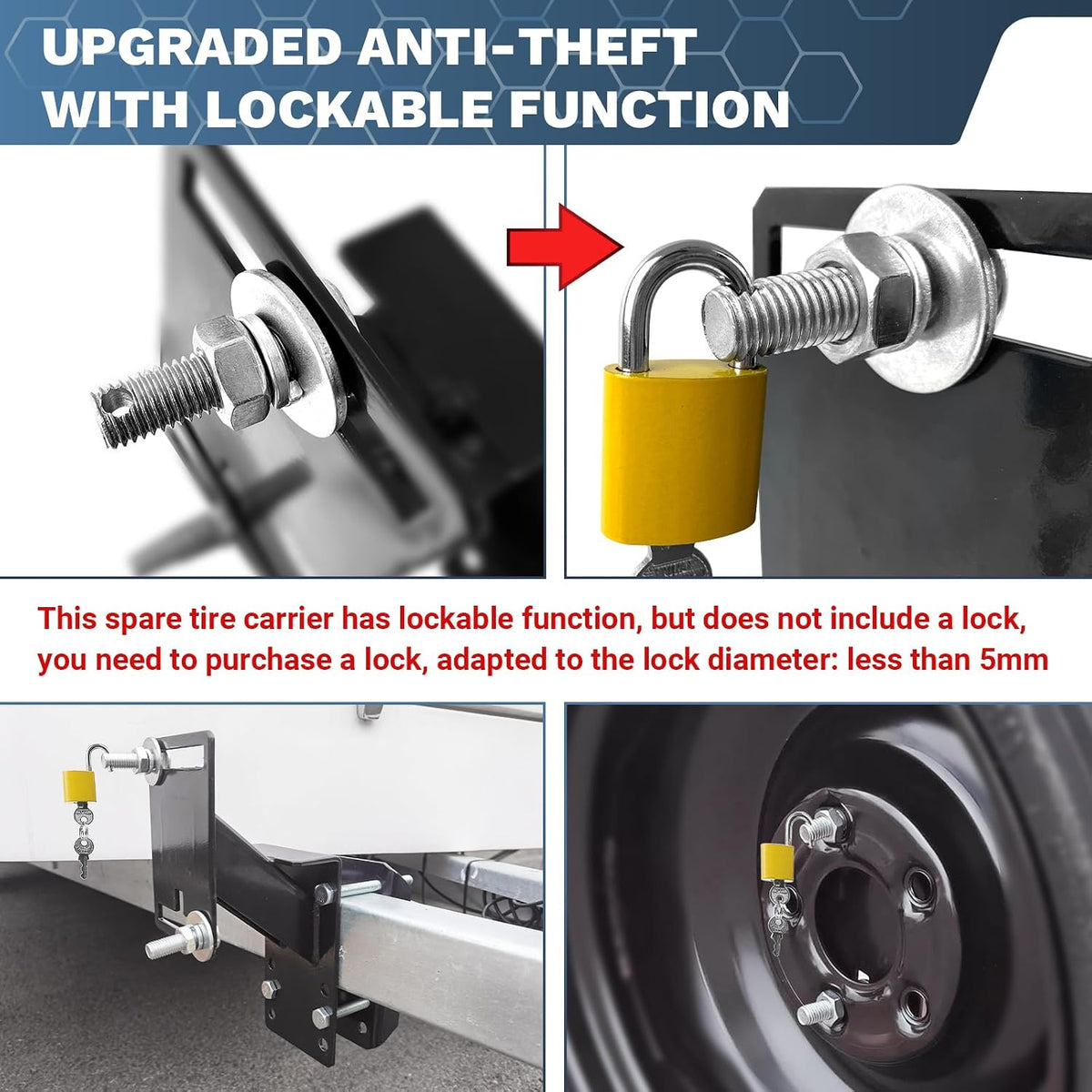 Lockable Spare Tire Carrier Bracket for Utility Trailer, Powder Coat Steel Boat Trailer Tire Mount Fits Most Lugs