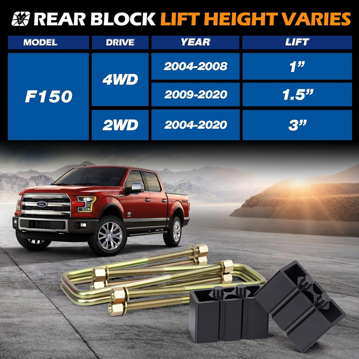 Dynofit Leveling Lift Kit 3" Front & 3" Rear for 2004-2020 F150 2WD/4WD, Full Suspension System w/Forged Aluminum Strut Spacers & Rear Blocks, U-Bolts, Achieve Aggressive Stance to Fit Larger Tires