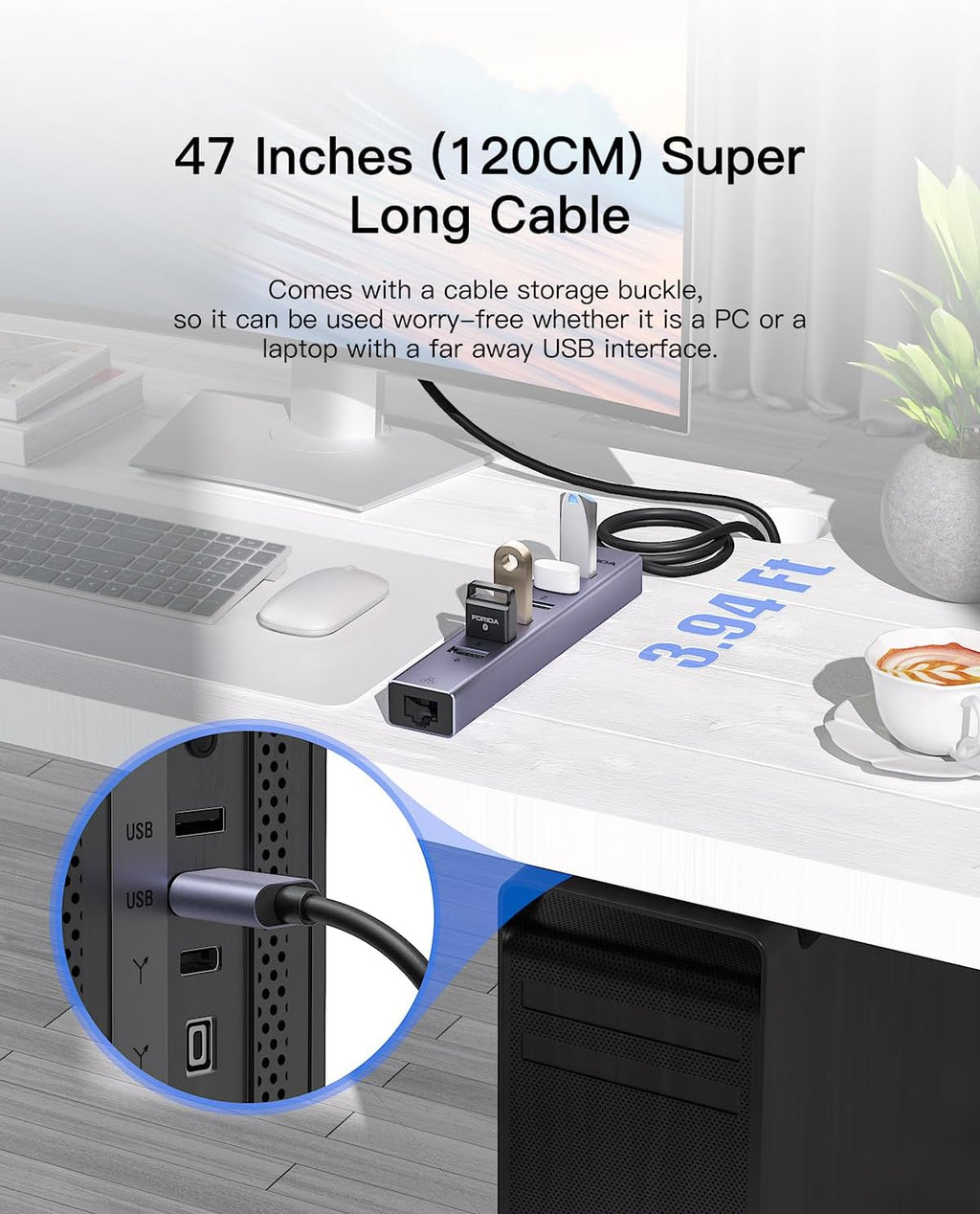 Aluminum USB to Ethernet Adapter with 7-Port USB Hub – 3.9ft Long Cable, Gigabit Ethernet Port, 5V/3A Power Port |