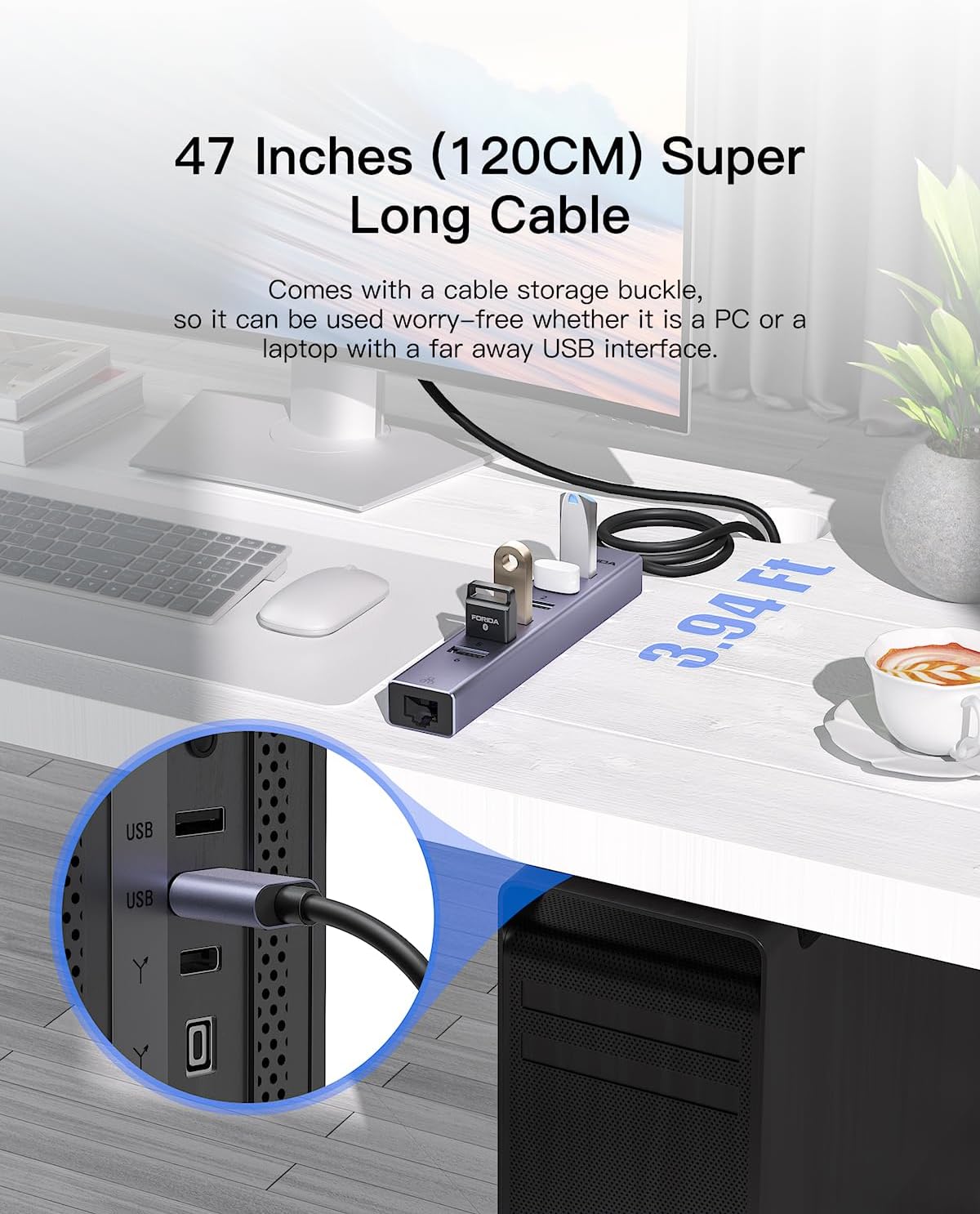 Aluminum USB to Ethernet Adapter with 7-Port USB Hub – 3.9ft Long Cable, Gigabit Ethernet Port, 5V/3A Power Port |