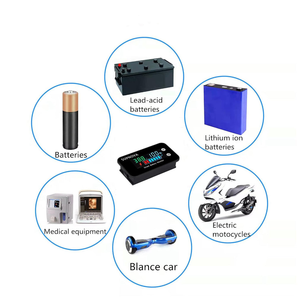 7-100V Battery Monitor, Color LCD with Temp &Buzzer Alarm | 12v 24v 36v 48v 60v 72v Digital Display Lead-acid &