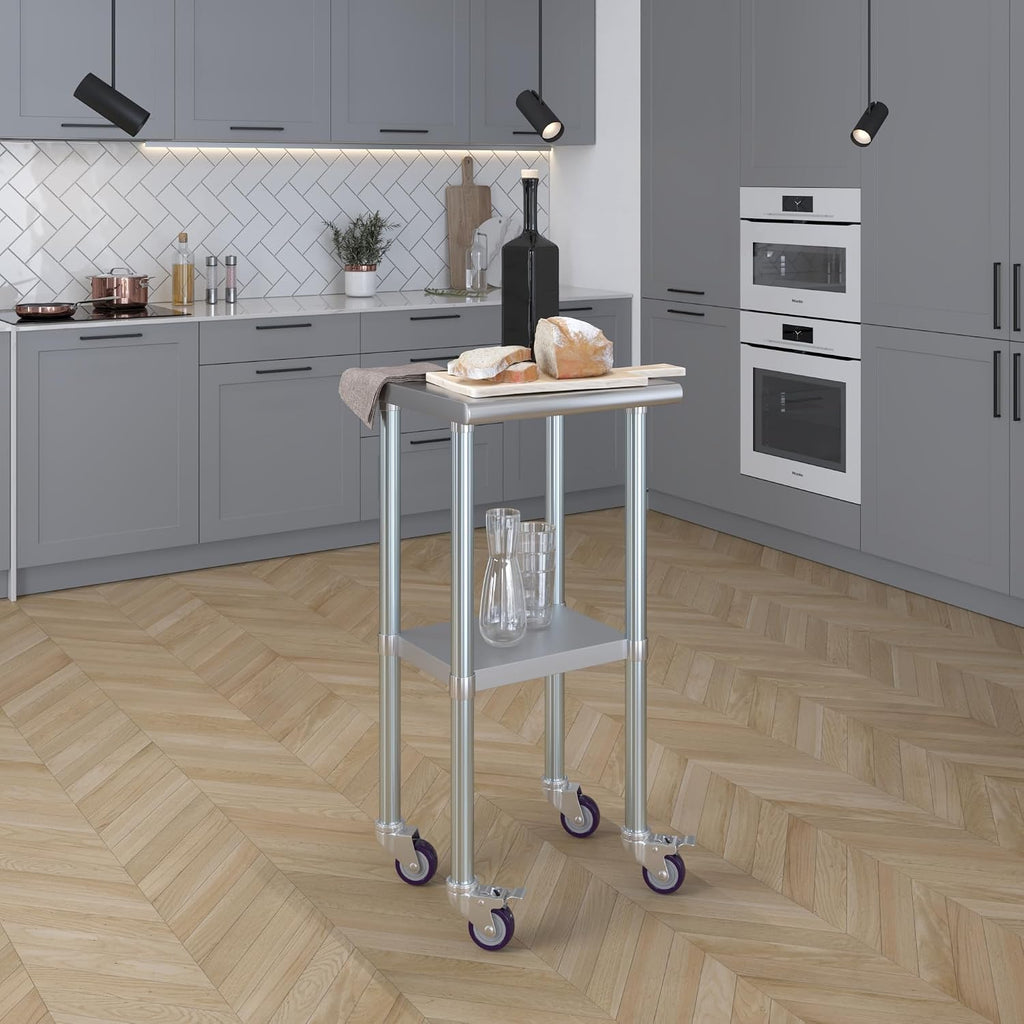18" x 18" Stainless Steel Work Table with Casters | Heavy Duty Metal Utility Table On Wheels | Kitchen Island Cart