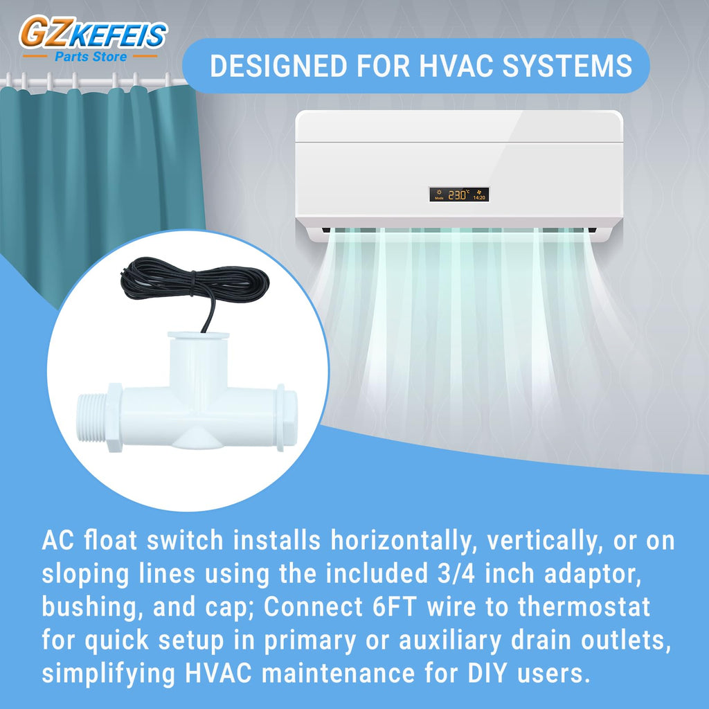 SS1 Condensate Overflow Switch, SS1 Float Switch with 3/4 Inch Adaptor and 6FT Wire, HVAC Overflow Shut Off Float Switch for HVAC System, Detect Condensate Overflow