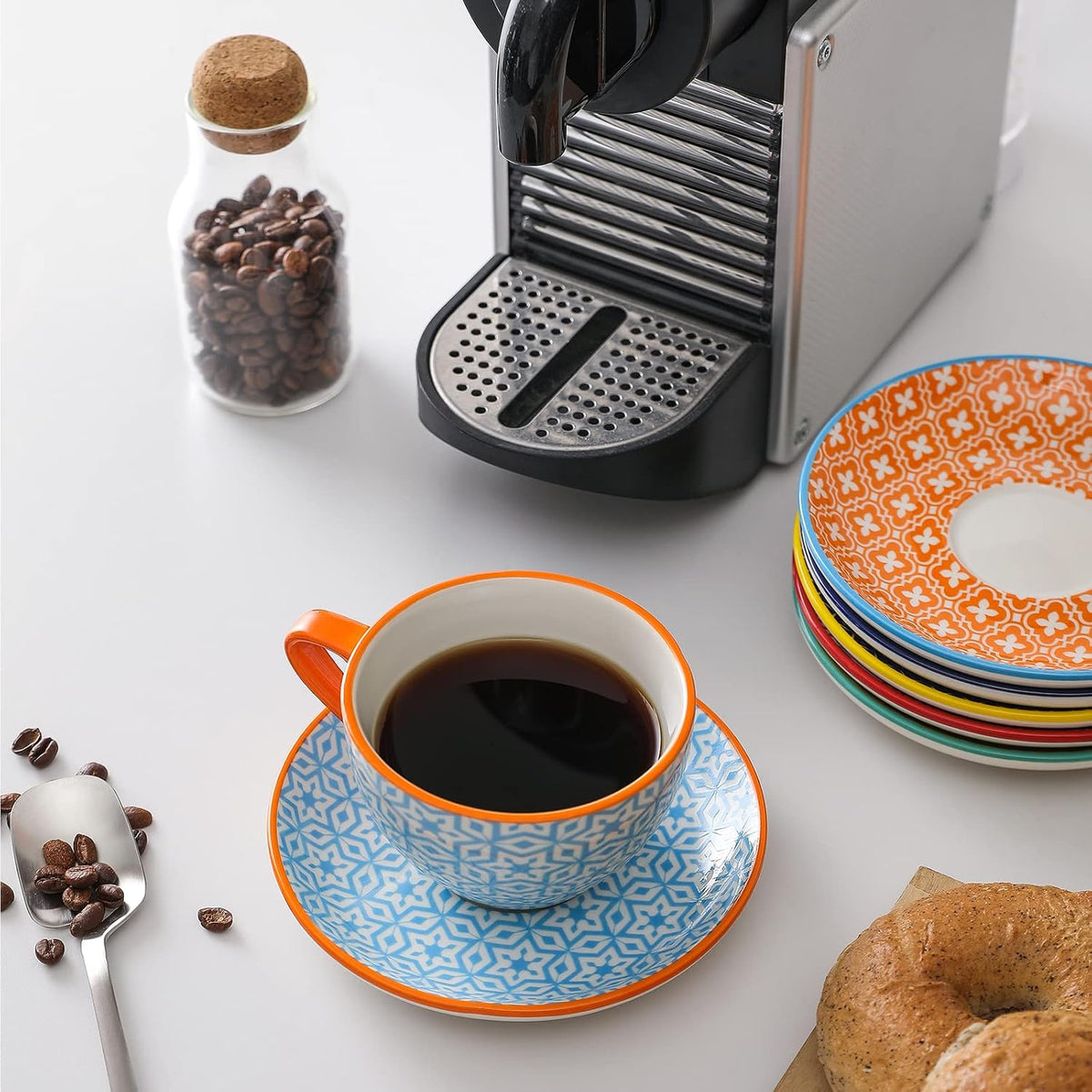 Ceramic 8 oz Cappuccino Cup Set with Saucers, Espresso Coffee Cups, Latte Macchiato for Party Cafe Home, Set of 6