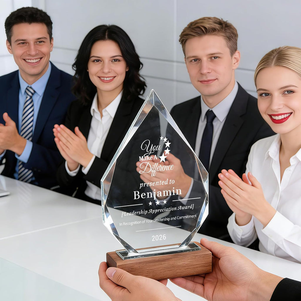 SHIP NEXT DAY, Personalized Crystal Award Trophy - Custom with Company Logo Text & Employee Name, Engraved Award for
