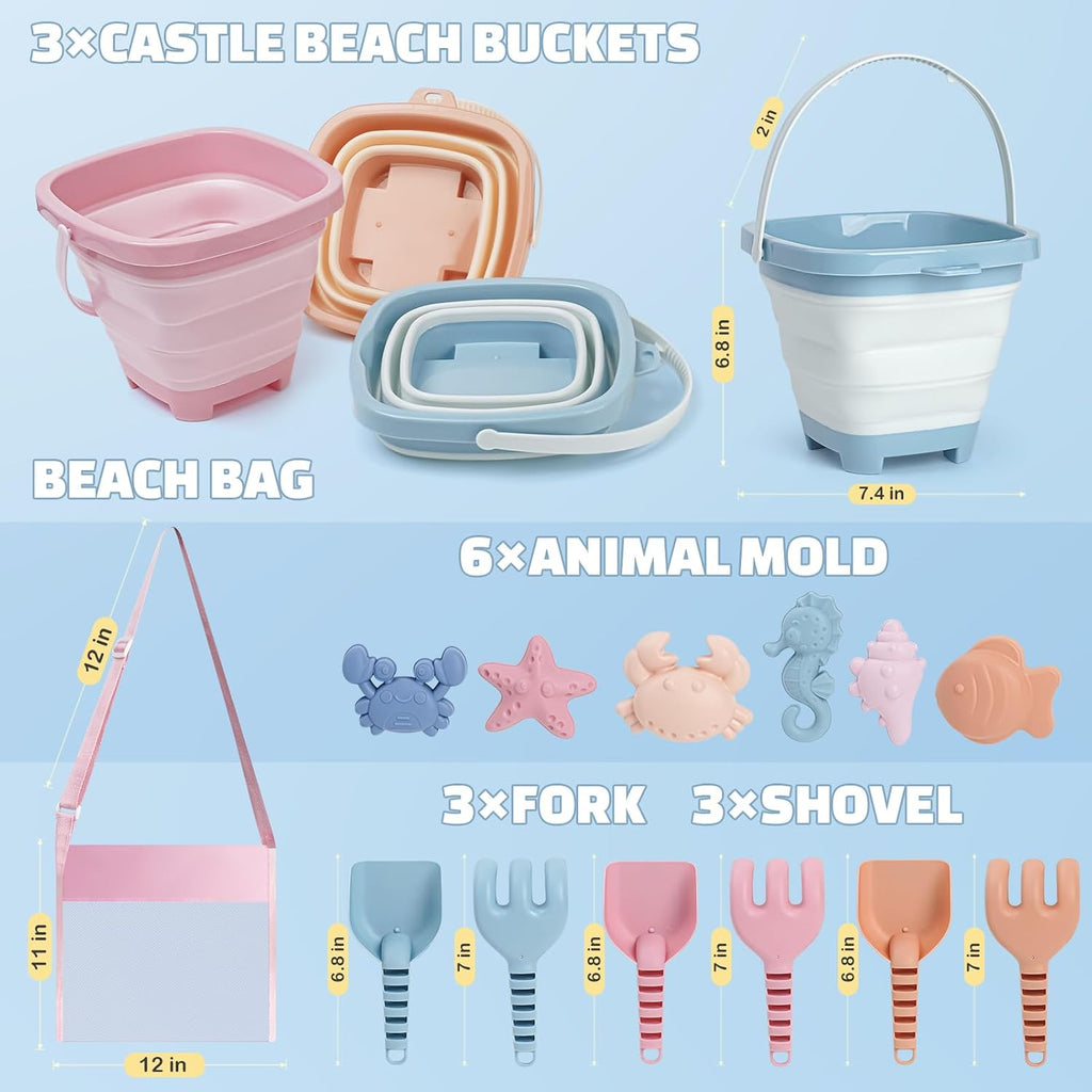 Beach Toys Set for Kids, 3 Pack Collapsible Sand Buckets and Shovels Set | Collapsible Beach Bucket Set with Mesh