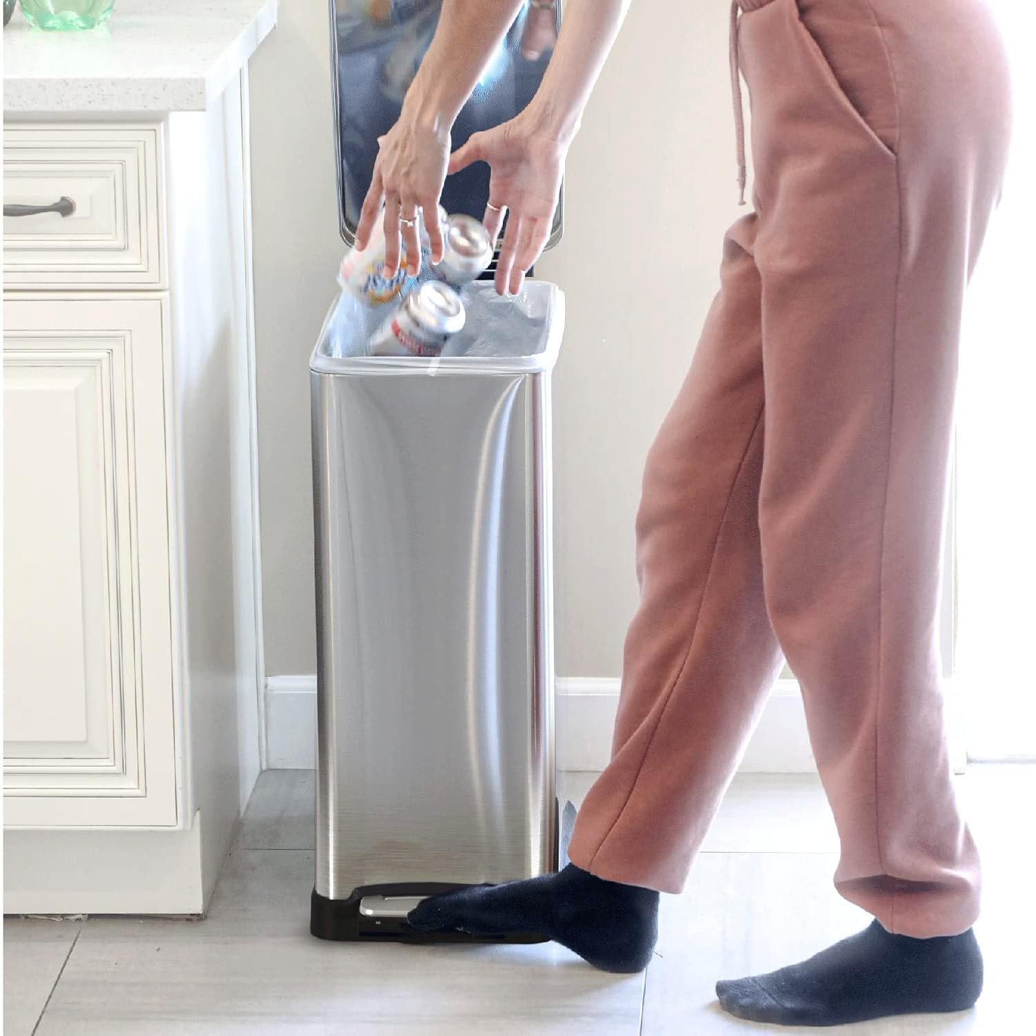 12 Gallon Kitchen Trash Can with Slim Fit Design | Stainless Steel with Soft-Close Step Pedal Lid, Bag Tuck Band for