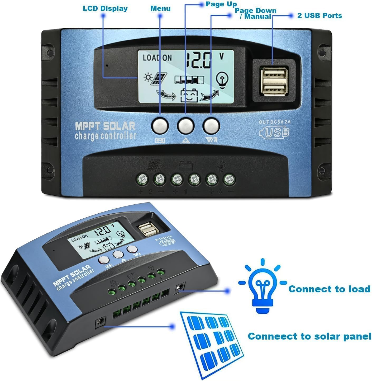30A MPPT Solar Charge Controller with Auto Parameter LCD Display | 12V/ 24V Solar Panel Regulator with Dual USB Port