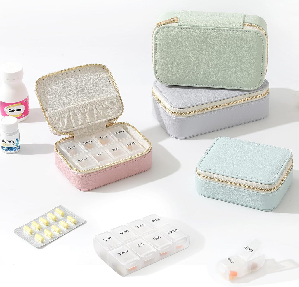 Genuine Leather Travel Pill Organizer Box Case 1 Times a Day for Purse for Women, Cute Medicine Pill Holder