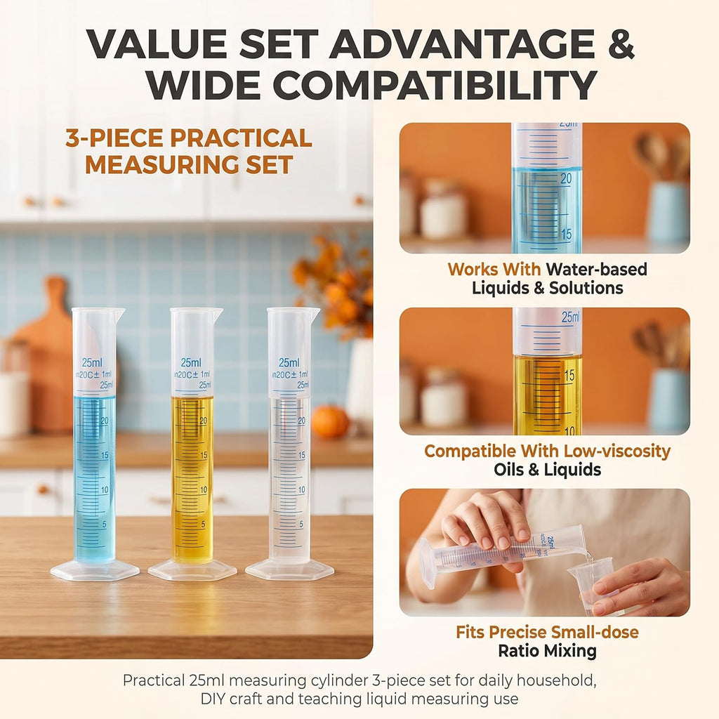 3 Pcs Plastic Graduated Cylinders, 2-Sided Measuring Lines，25ml