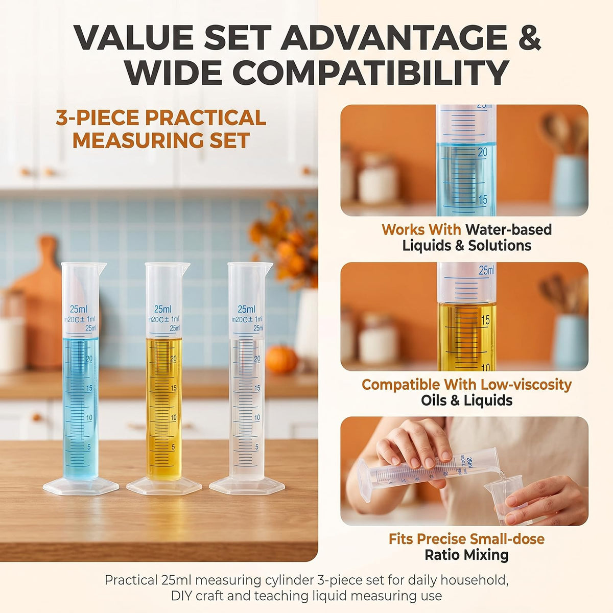3 Pcs Plastic Graduated Cylinders, 2-Sided Measuring Lines，25ml