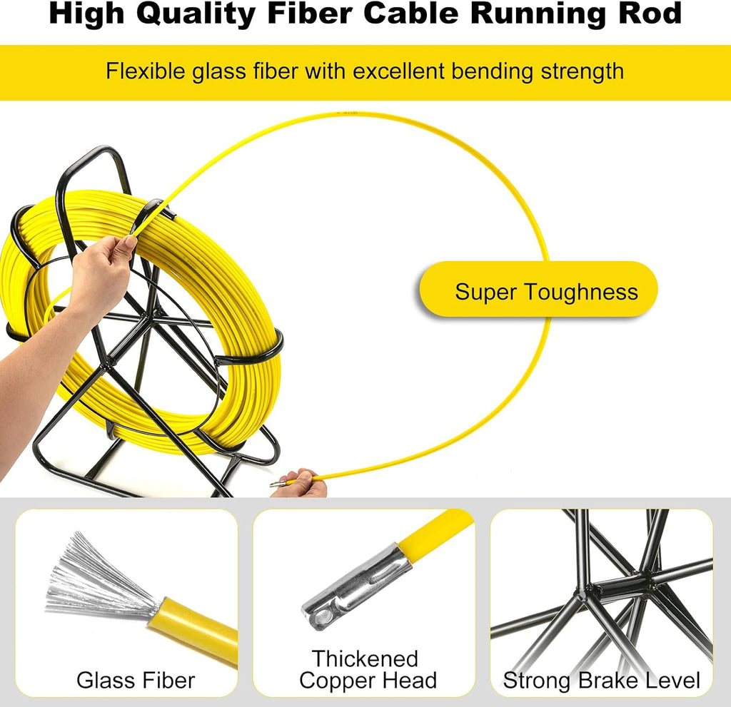 Fish Tape Fiberglass, 656ft (6mm x 200m) Duct Rodder Fish Tape Wire Puller with Steel Reel Stand, Heavy Duty Duct