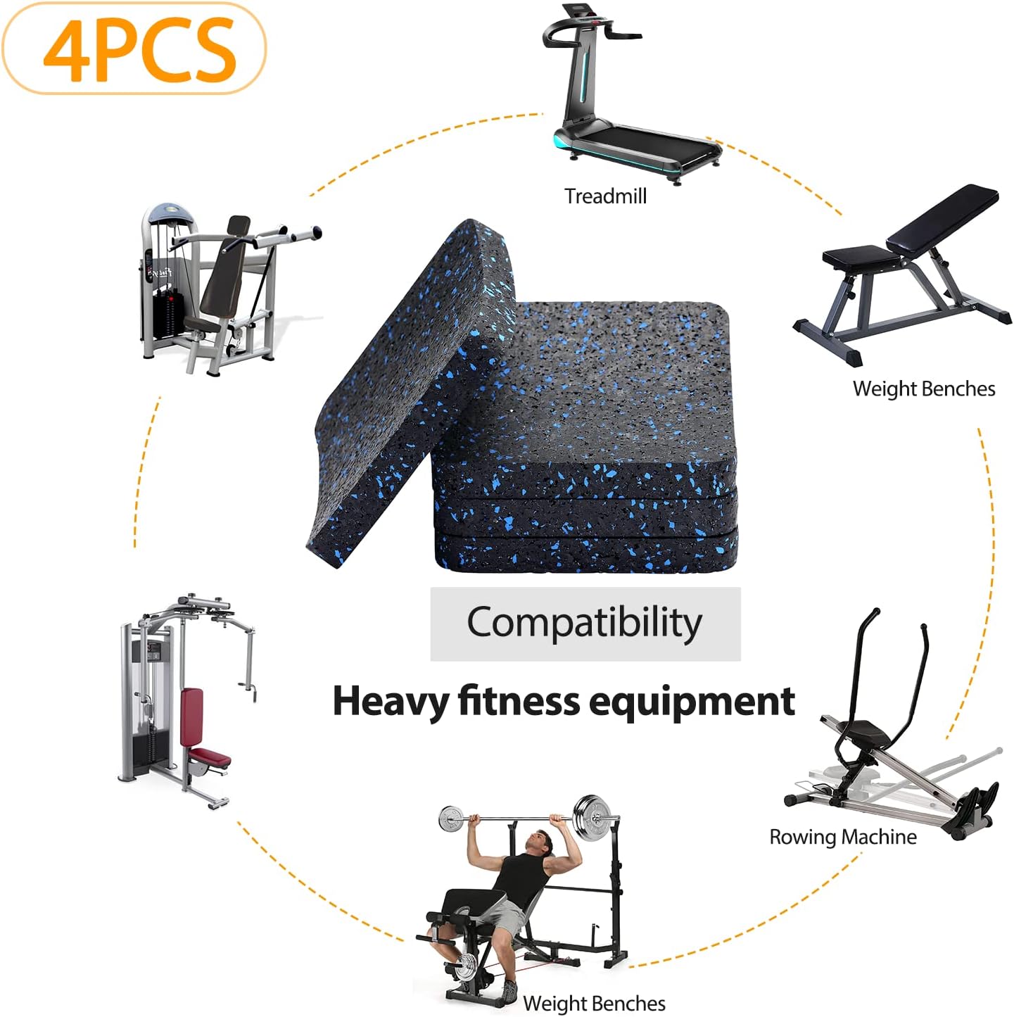 Rubber Treadmill Mat Pads, 4-Pack, 3.94 x 3.94 x 0.5 in | High-density construction, anti-slip texture, vibration