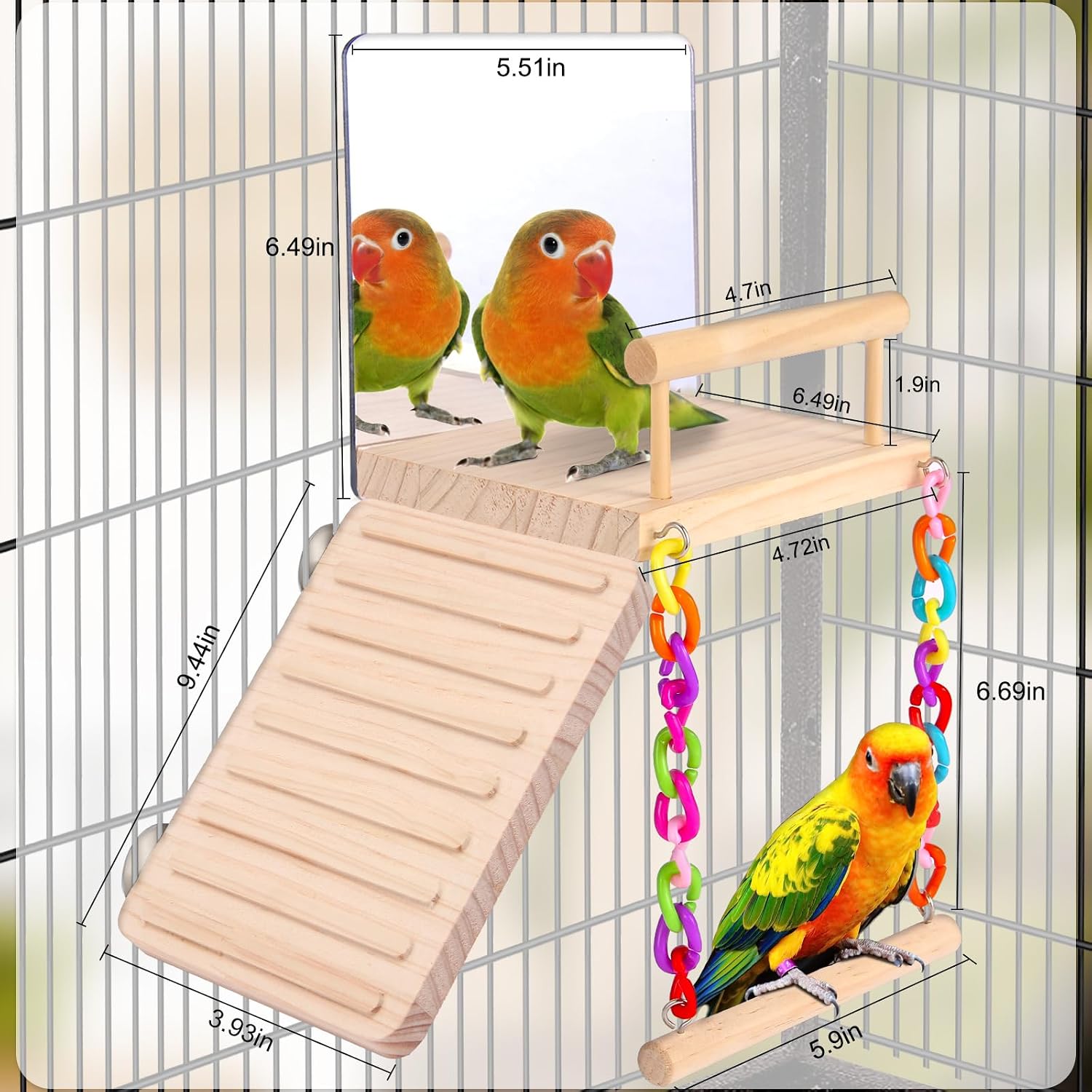 Bird Perch Platform Bird Toys with Bird Mirror Climbing Ladder Swing, Parakeet Cage Accessories - for Cockatiels
