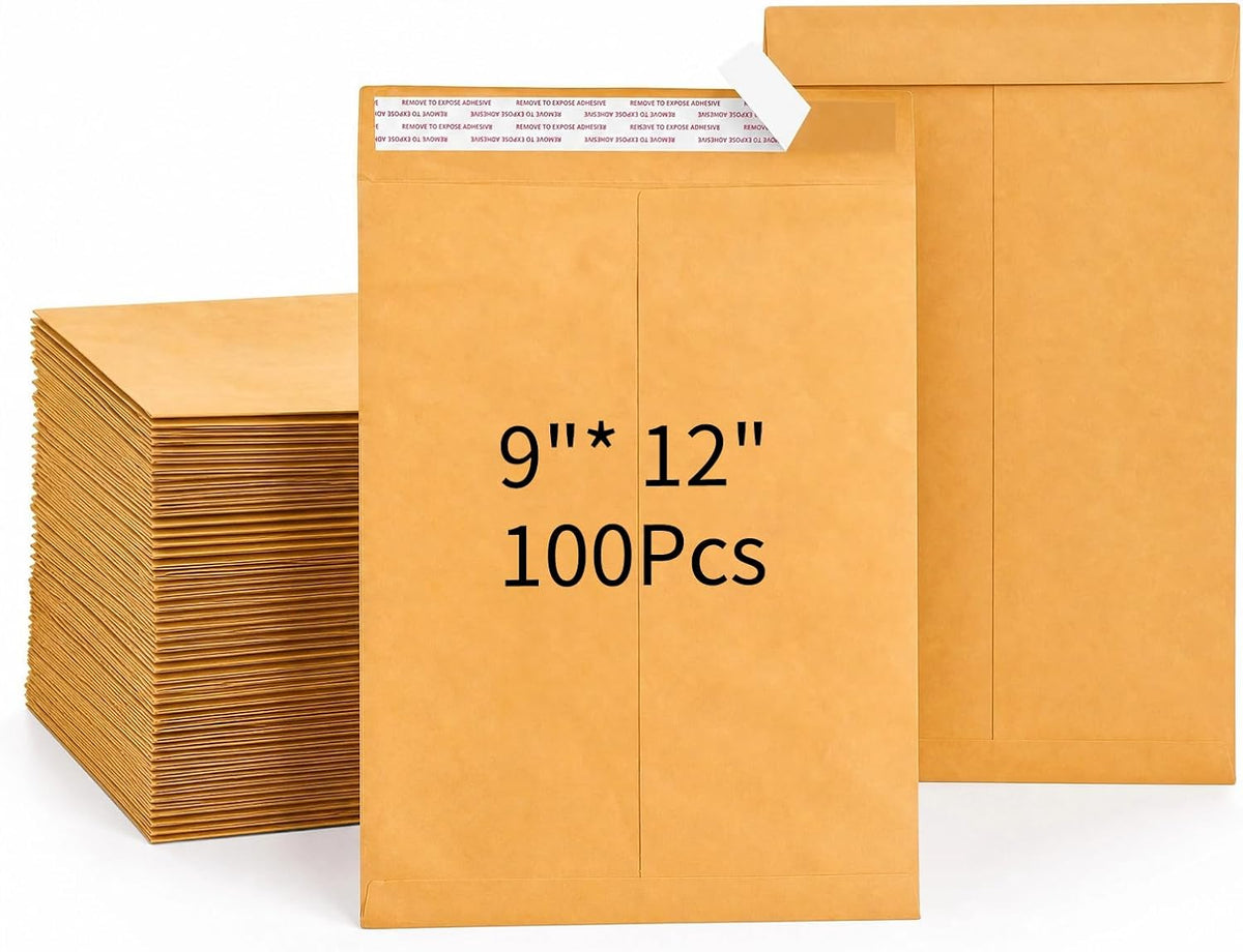 Self Seal Catalog Envelopes 9x12, 100 Pack, Yellow Brown Kraft Manilla