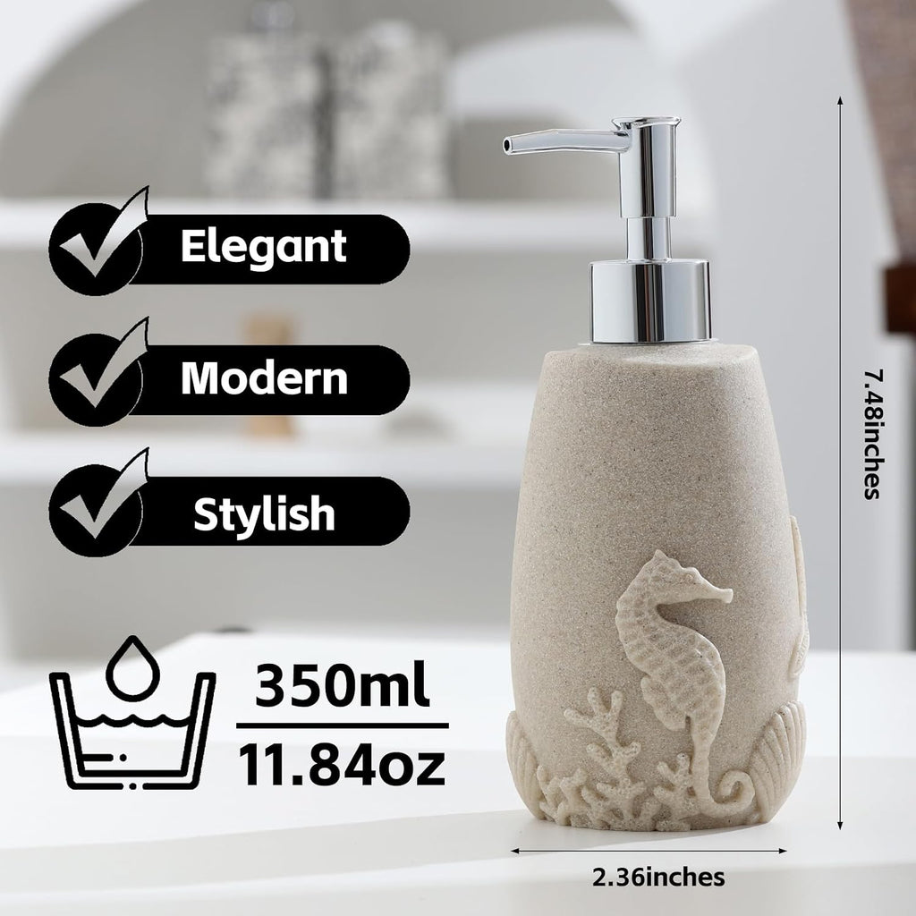 Bathroom Accessories Set, 4 PCS, Sea Bathroom Decor, Sandstone Look Beige | Ocean Theme,With 10OZ Soap Dispenser