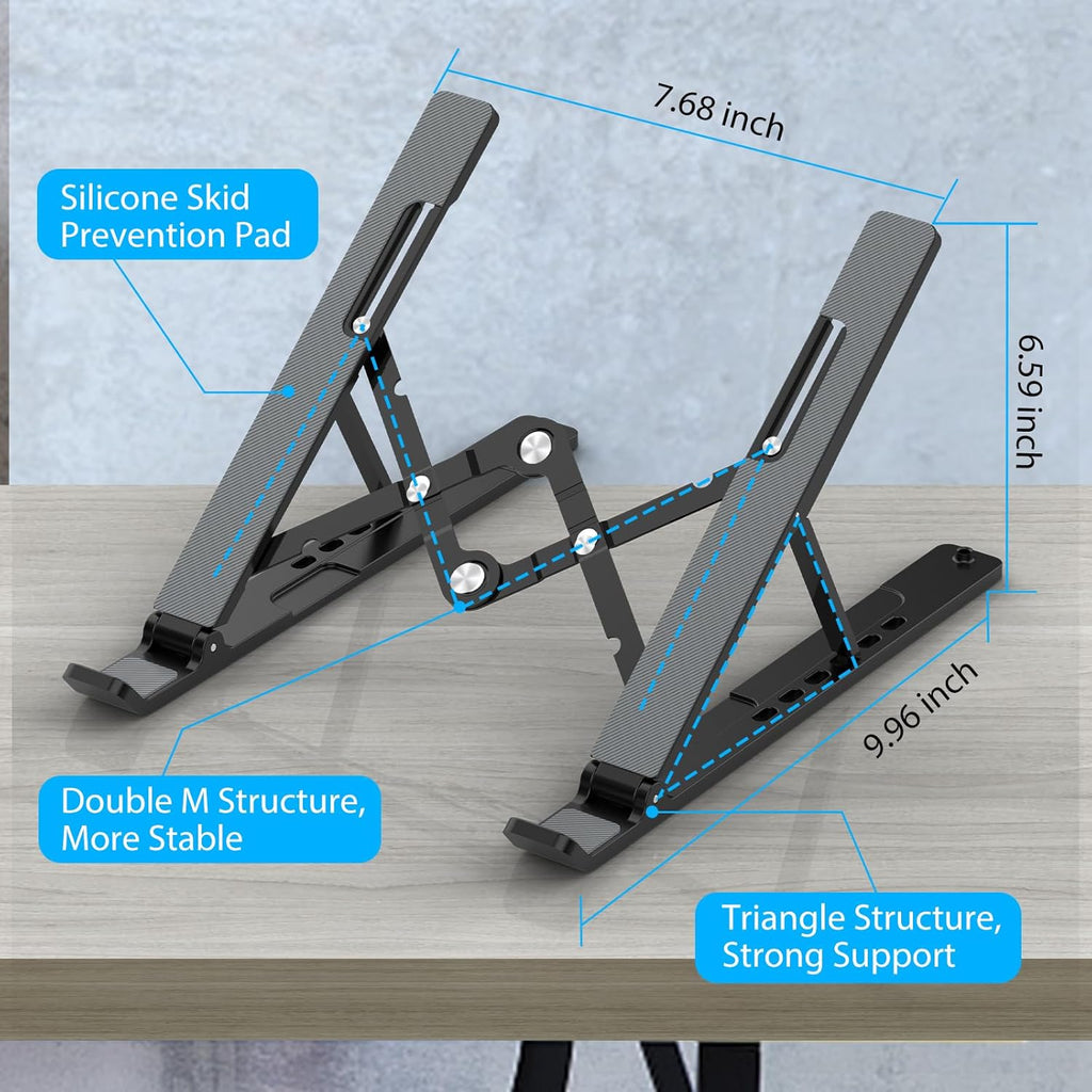 Adjustable Laptop Stand, Portable Laptop Riser for Desk, ABS+Silicone Foldable Ventilated Cooling Notebook Holder