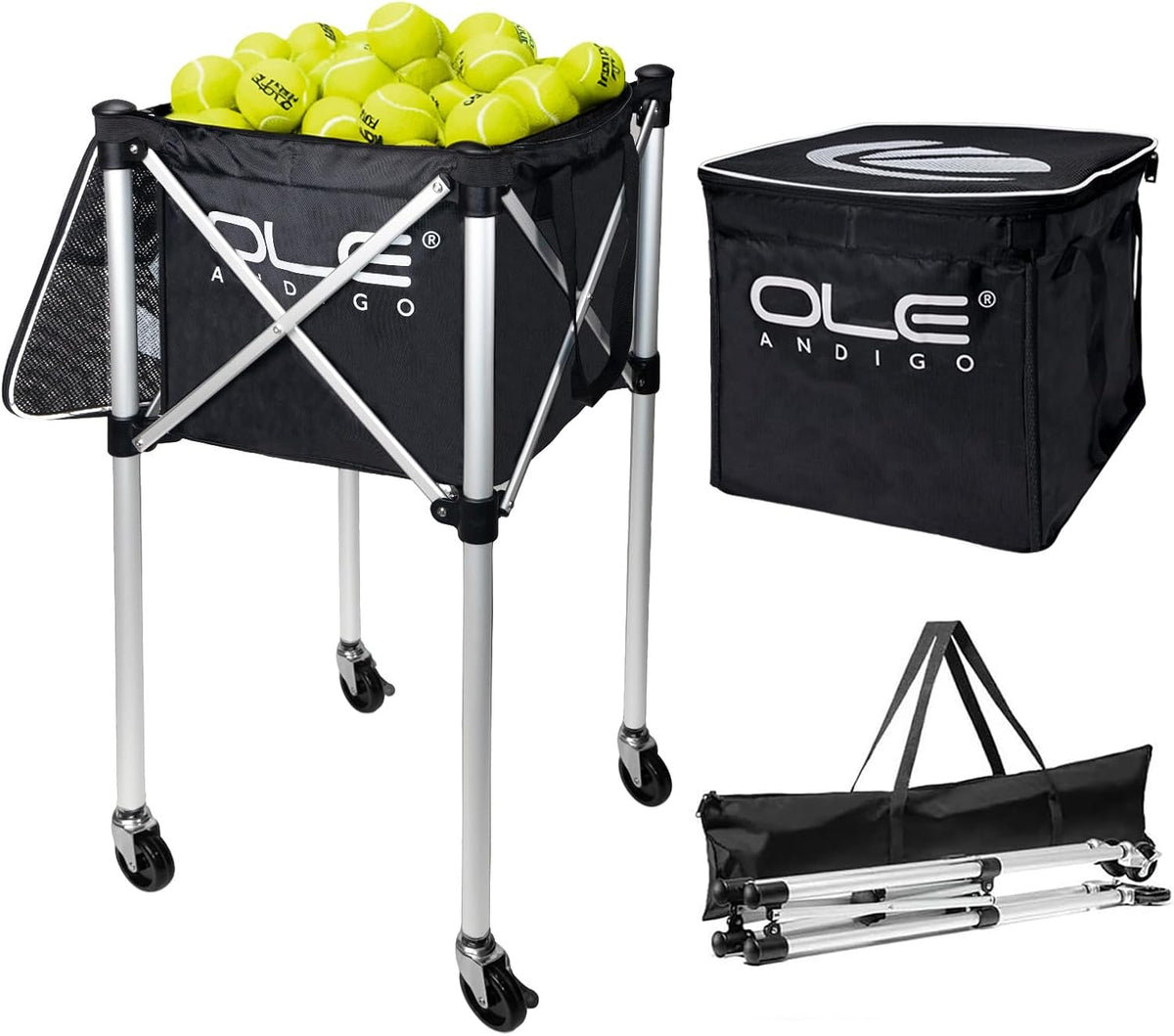 Tennis Ball Hopper Tennis Ball Basket with Side Pockets Lightweight Tennis Ball Cart Holds 160 Balls, Portable Sports