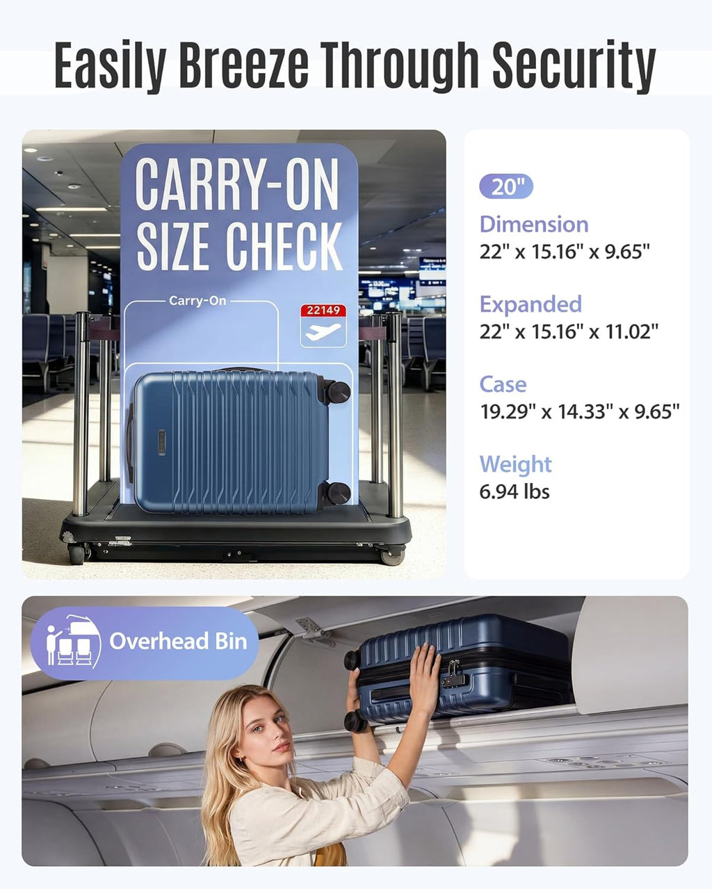 Expandable Carry On Luggage 22x14x9 Airline Approved with Double Spinner Wheels, 20 Inch Lightweight Hard Shell