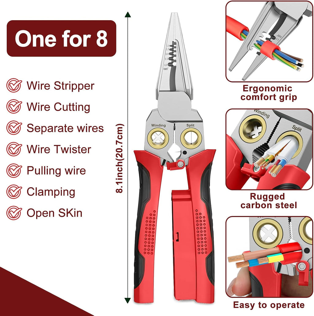 Pro 8-in-1 Wire Stripper/Cutter with Voltage Tester & Dual Alarms - Heavy Duty 12-250V AC/DC Electrical Tester for