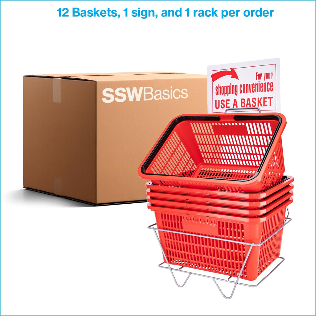 Red Shopping Baskets With Stand - Set of 12 - Basket Dimension 8-1/2"H x 12"W x 17"L - Perfect for Retail, Thrift