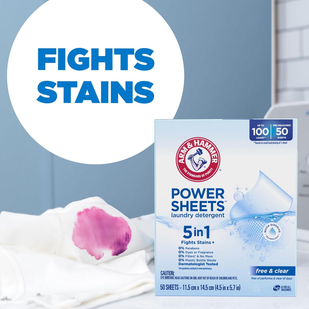 5in1 Power Sheets Laundry Detergent, Free & Clear, 50 Count