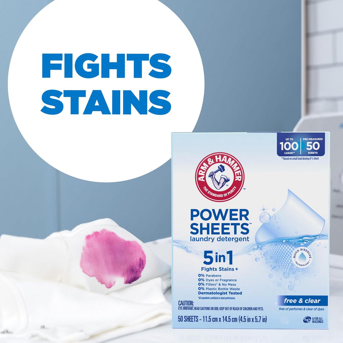 5in1 Power Sheets Laundry Detergent, Free & Clear, 50 Count
