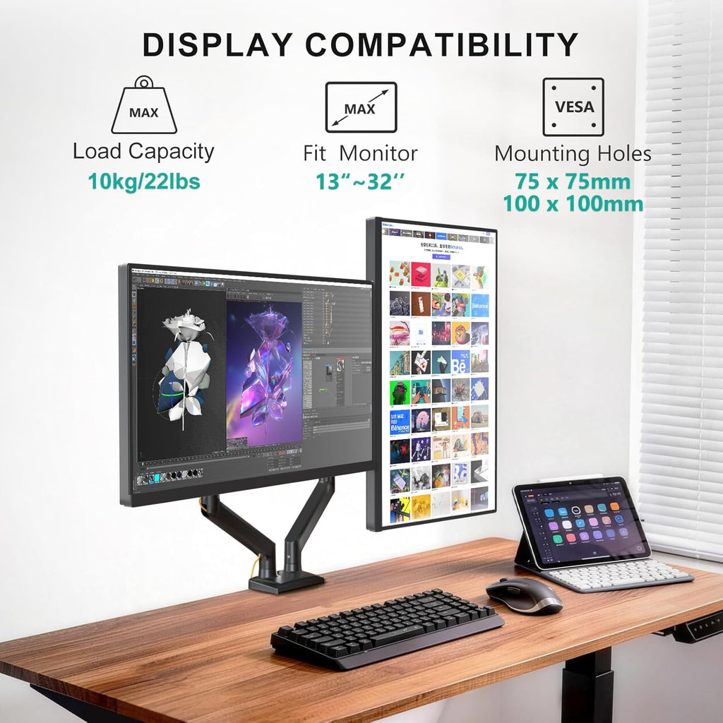 Dual Monitor Stand for 13-32 inch Computer Screens, Dual Monitor Arms for 2 Monitors Holds up to 22 lbs, Height
