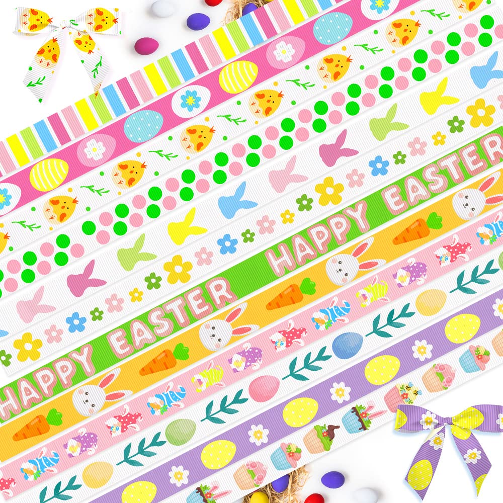 9 Pieces 3/8" Easter Ribbons Happy Easter Words Grosgrain Decor Ribbons 3 Yards, Easter Spring Rabbits Flowers Satin