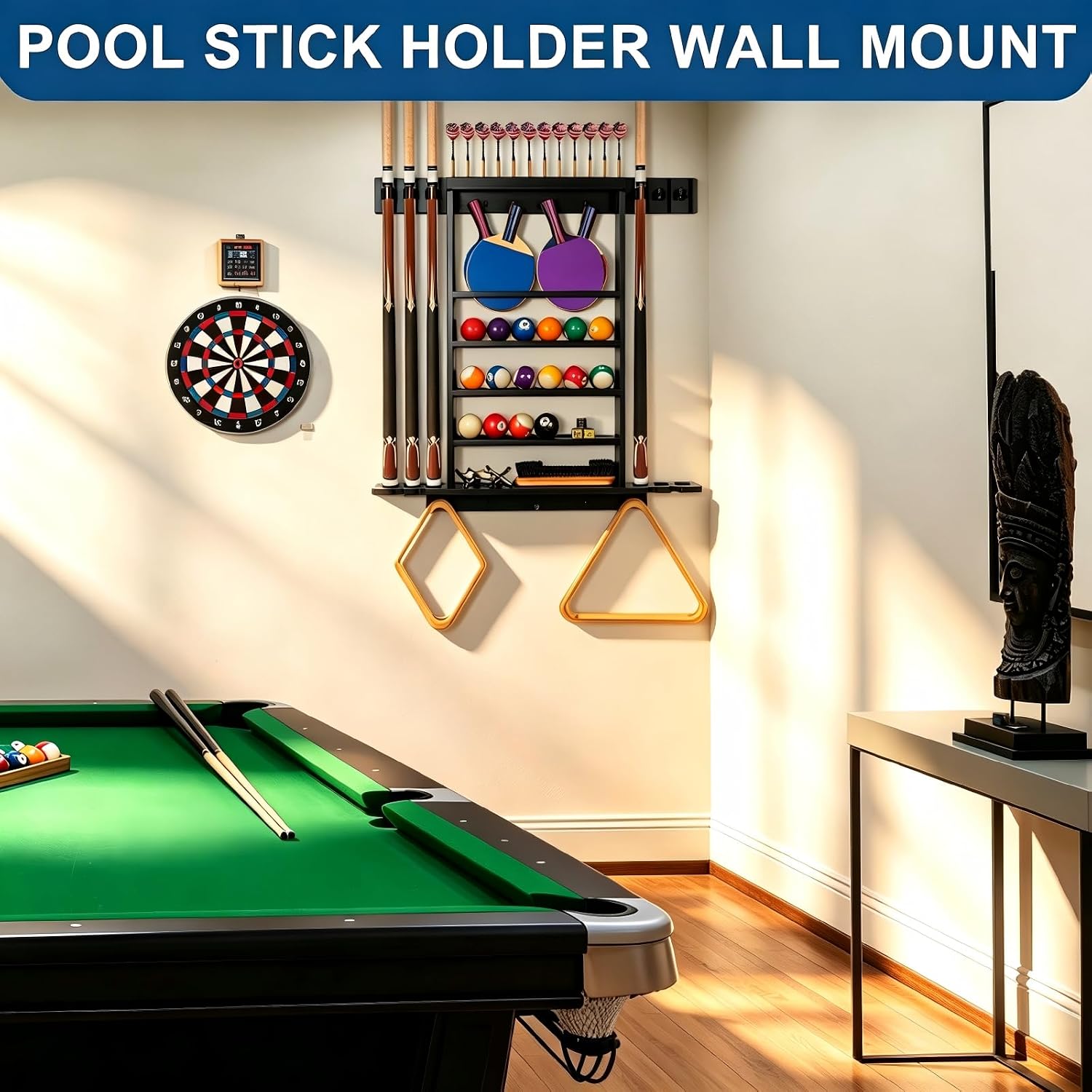 Large Pool Stick Holder Wall Mount, Billiards Pool Cue Rack Ping Pong Paddle Holder, Dart Holder 3-IN-1, Wood Pool