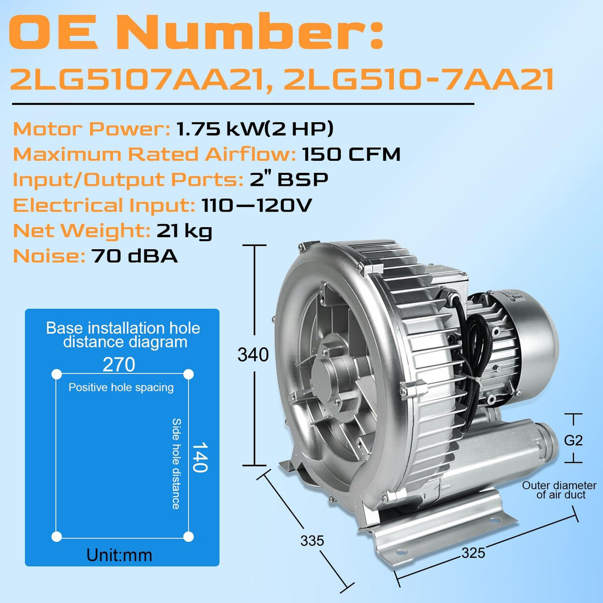 2HP Regenerative Blower 110-120V 1.75 KW 150 CFM